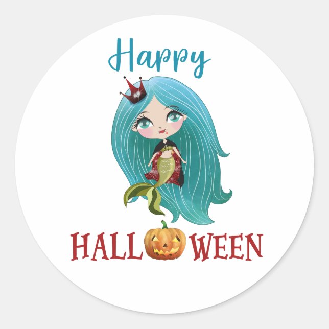 Adesivo Vinheta redonda Feliz Halloween Garota Sereia (Frente)