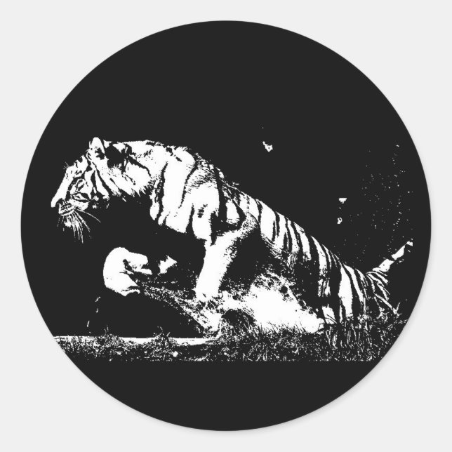 Adesivo Vinheta redonda Pop de tigre branco preto (Frente)