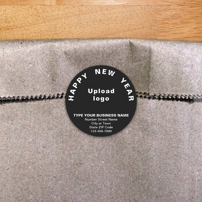 Adesivo Vinheta-redonda preta de ano novo (New Year greeting with your business brand on black round shape sticker.)
