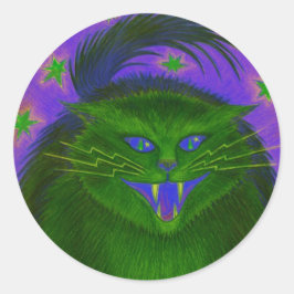 Adesivo Vinheta redonda verde de gato assustador