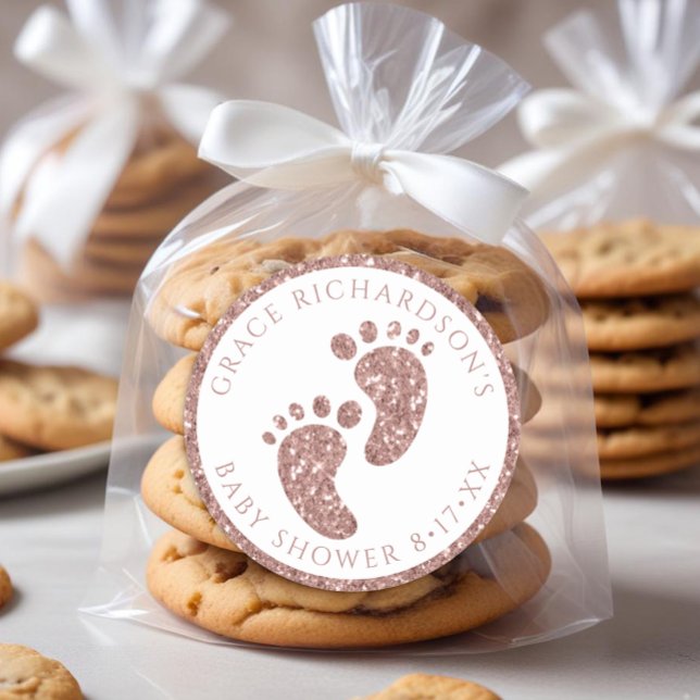 Adesivo Vinheta rosa Dourada do Chá de fraldas Glitter (Rose Gold Baby Feet Favor Sticker)