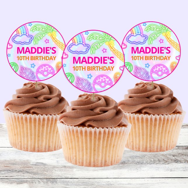 Adesivo Vinhetas de aniversário do Neon Piscina Party (Criador carregado)