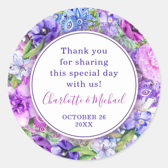 Adesivo Vinhetas De Casamento De Púrpura Floral De Paisley (Frente)