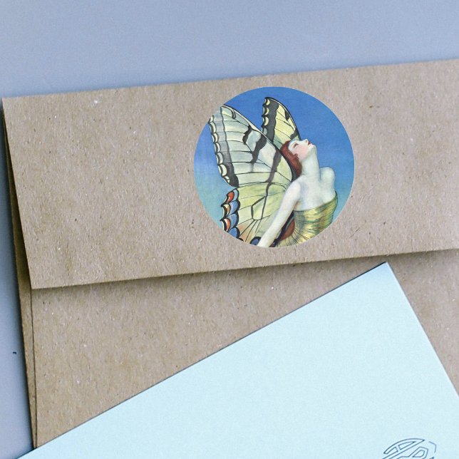 Adesivo Vinhetas de fadas de borboletas de ouro (Pretty monarch butterfly fairy red hair golden dress in blue sky on stickers.)