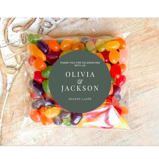 Adesivo Vinhetas Para Cookies Doces De Casamento (Modern custom wedding couple name date dusky green sticker)