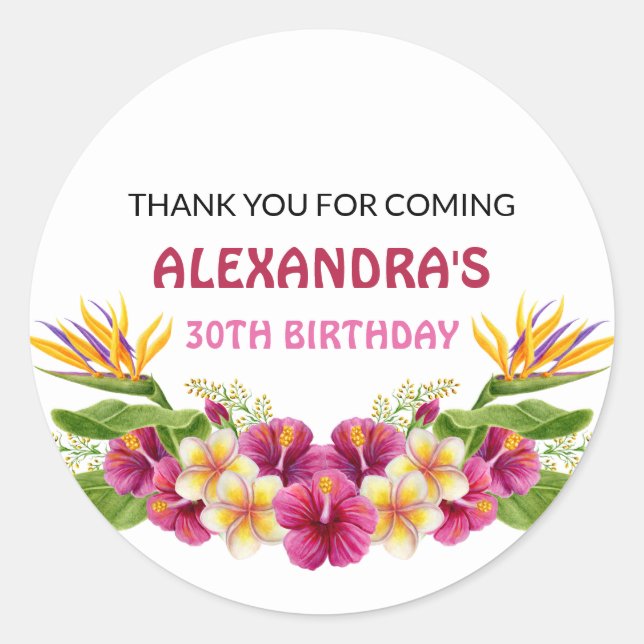 Adesivo Vinhetas Redondas do Partido Floral Tropical Rosa (Frente)