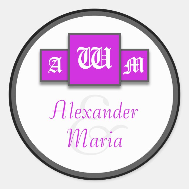 Adesivo Vinhetas/Selos De Casamento Moderno Roxo-Monograma (Frente)