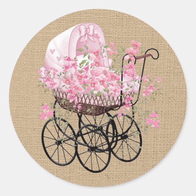 Adesivo Vintage Baby Carruagem em Faux Burlap (Frente)