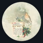 Adesivo Vintage Bird, Holly e Happy Christmas Scroll<br><div class="desc">Uma ilustração encantadora do cartão de saudação de vintage com um pergaminho antigo com um verso de Natal feliz com o holly,  o pássaro e a terra à distância com um fundo verde claro e brilhante.</div>