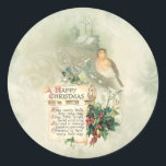 Adesivo Vintage Bird, Holly e Happy Christmas Scroll<br><div class="desc">Uma ilustração encantadora do cartão de saudação de vintage com um pergaminho antigo com um verso de Natal feliz com o holly,  o pássaro e a terra à distância com um fundo verde claro e brilhante.</div>