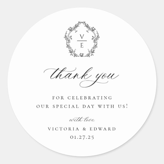 Adesivo Vintage Black Crest Monograma Casamento Obrigado (Frente)