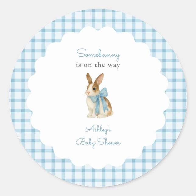 Adesivo Vintage Blue Gingham Bunny Boy Baby Shower (Frente)