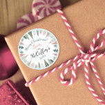 Adesivo Vintage Chic Merry Christmas Trees BLUE & Green<br><div class="desc">Este natal vintage do Círculo das Árvores com "Feliz Natal! Love, The [Family Name], and year, apresenta o tradicional design verde-rosa-rosado e-sábio com fundo azul de gelo, e é o perfeito adesivo de inverno maravilhoso para adicionar aos seus envelopes de cartão, sacos-presente, caixas de biscoitos, presentes embalados nesta temporada de...</div>