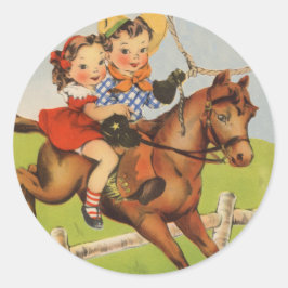 Adesivo Vintage Children Riding a Horse Tocando Cowboys