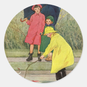 Adesivo Vintage Children tocando em pudles "A Rainy Day"
