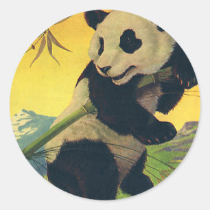 Adesivo Vintage Cute Panda Bear Comendo Bambu, Animal Selv