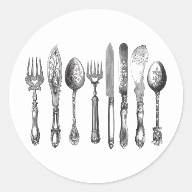 Adesivo Vintage Cutlery Black White Fork Spoon Faca 1800 (Frente)