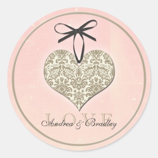 Adesivo Vintage Damask Heart Pink Dourado Weding (Frente)