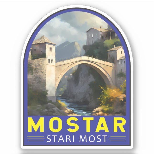 Adesivo Vintage de pintura a óleo de Mostar Stari Most Via (Frente)