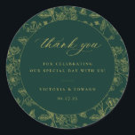Adesivo Vintage Dourado Casamento Floral Obrigado<br><div class="desc">Vintage Dourado Floral Pattern,  favor de casamento,  obrigado que você cola em verde esmeralda.</div>