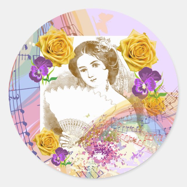 Adesivo Vintage Fan Lady Music & Flowers Round Stickers (Frente)