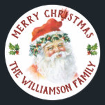 Adesivo Vintage Felry Christmas Papais noeis Personalizado<br><div class="desc">Adicione um toque festivo aos envelopes de Natal e embrulhe de presente com este adesivo de Santa Cláusula. Papais noeis estão no centro com um chapéu vermelho feito de pelo e de Holly. Feliz Natal está escrito acima em texto curvo. Seu nome está escrito abaixo em texto curvo. Duas fotos...</div>