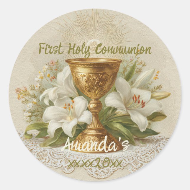 Adesivo Vintage First Holy Communion Chalice White Lilies (Frente)