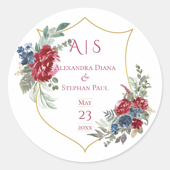 Adesivo Vintage Floral Magenta Crest Monograma Casamento (Frente)