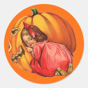 Adesivo Vintage, Garota Bonita e Abóbora do Halloween