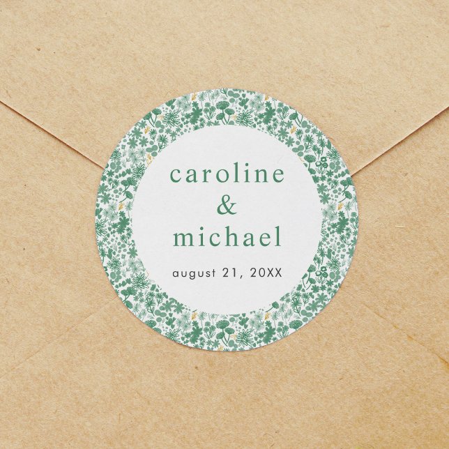 Adesivo Vintage Green Ditzy Floral Wedding (Vintage Green Ditzy Floral Wedding Classic Round Sticker)