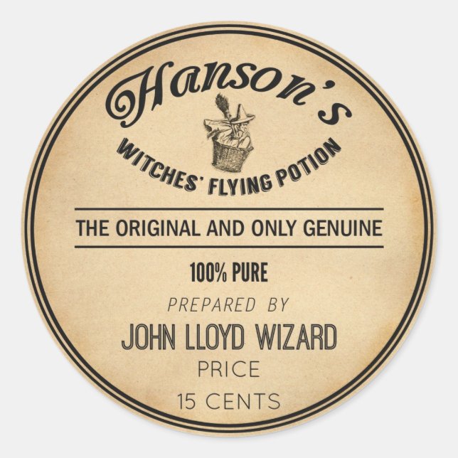 Adesivo Vintage Halloween Apothecary Flying Witold Broom (Frente)