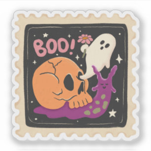 Adesivo Vintage Halloween "Boo!" Carimbo Skull & Ghost