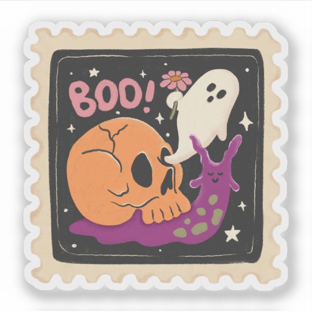 Adesivo Vintage Halloween "Boo!" Carimbo Skull & Ghost (Frente)