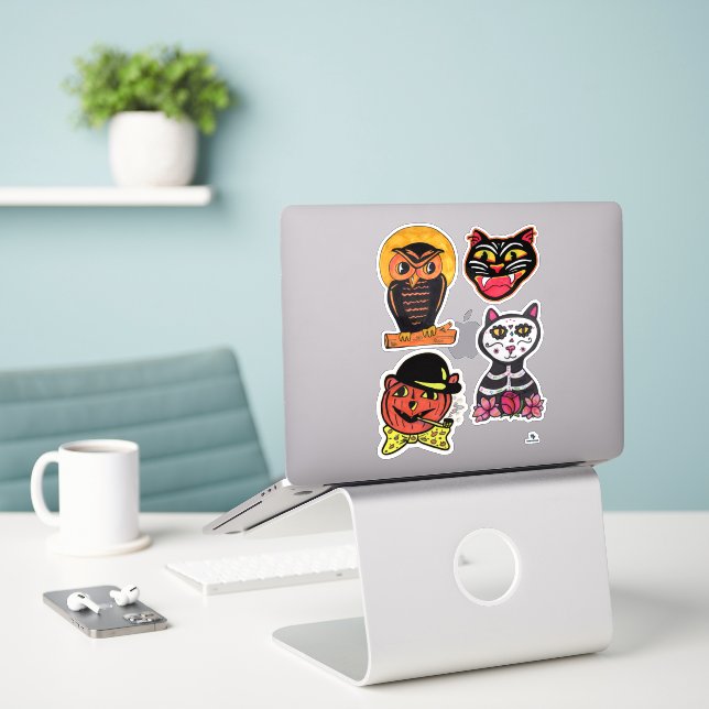 Adesivo Vintage Halloween Cat Pumpkin Owl (Laptop na mesa)