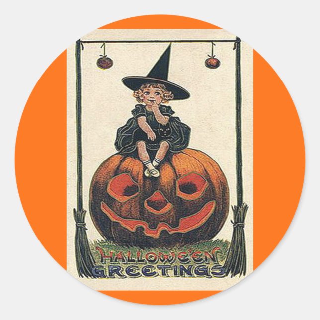 Adesivo Vintage Halloween Girl no Jack o'Lantern (Frente)