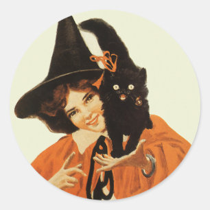 Adesivo Vintage Linda Bruxa com Gato Negro Bonito