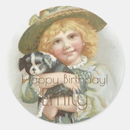 Adesivo Vintage Little Girl Fofo Cachorro Feliz Aniversári