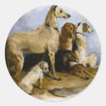 Vintage painting of five cute dogs