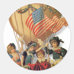 Adesivo Vintage patriótico, crianças em um balão de ar