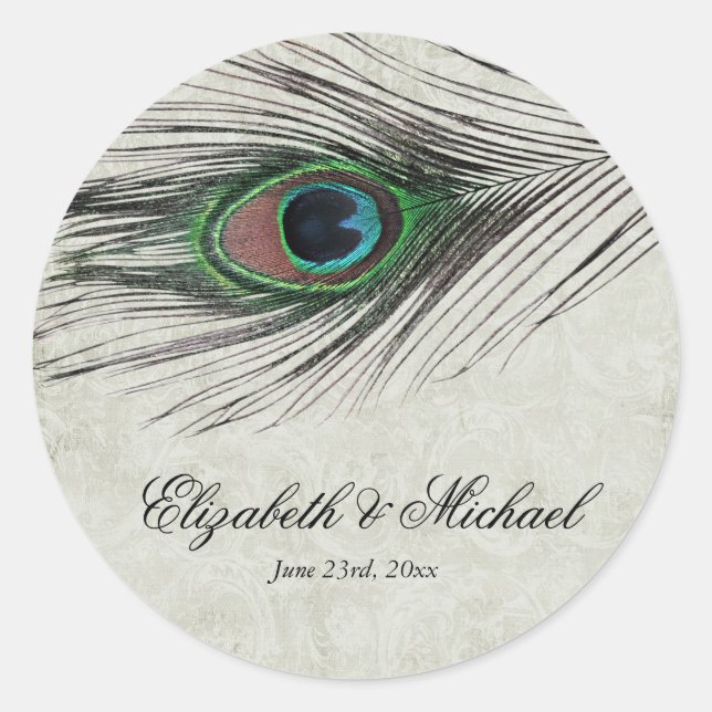 Adesivo Vintage Peacock Feather Round Weding Label (Frente)