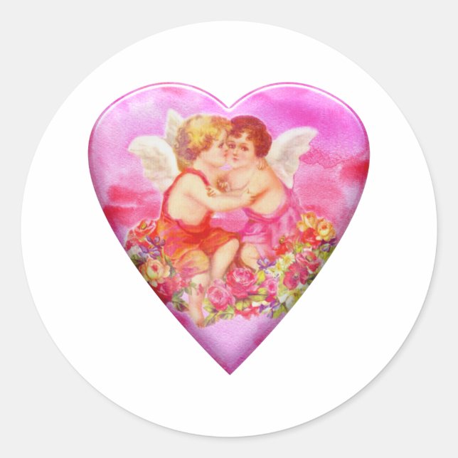 Adesivo Vintage Pink Heart Cherubs Classic Round Sticker (Frente)