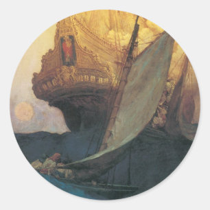 Adesivo Vintage Pirate, Ataque em um Galeão por Howard Py