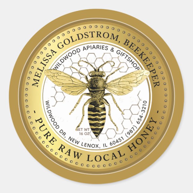 Adesivo Vintage Queen Bee Honey Label Honeycomb DOURADO (Frente)