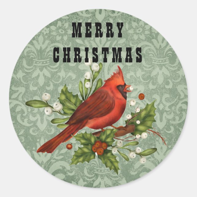 Adesivo Vintage Red Cardinal Bird Feliz Natal (Frente)