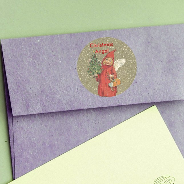 Adesivo Vintage Red Christmas Angel Tree (Victorian little angel in red hooded cape with Christmas tree, presents, in snow on tan stickers.)
