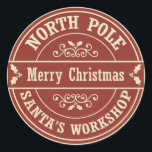 Adesivo Vintage red Felry Christmas North Poli sticker<br><div class="desc">Um adesivo do estilo postal de Natal para presentes. O design diz "Polo Norte" e "Workshop de Papais noeis" à volta da fronteira, a vermelho e branco, e diz "Feliz Natal" à frente, com padrões sagrados e sujos ao fundo. O autocolante foi concebido para se parecer com um carimbo postal...</div>