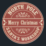 Adesivo Vintage red Felry Christmas North Poli sticker<br><div class="desc">Um adesivo do estilo postal de Natal para presentes. O design diz "Polo Norte" e "Workshop de Papais noeis" à volta da fronteira, a vermelho e branco, e diz "Feliz Natal" à frente, com padrões sagrados e sujos ao fundo. O autocolante foi concebido para se parecer com um carimbo postal...</div>