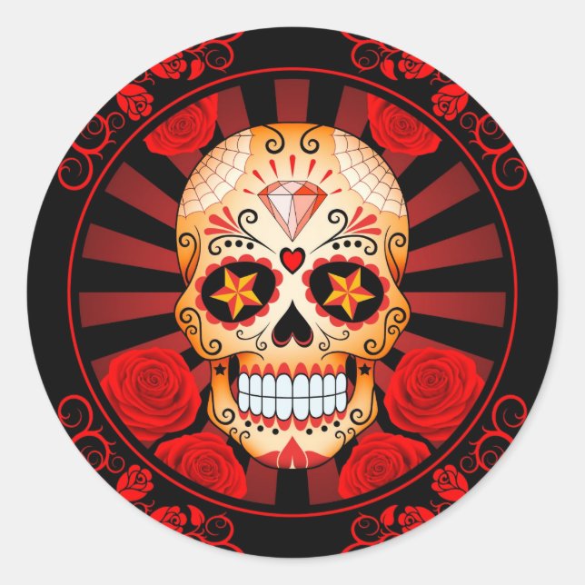 Adesivo Vintage Red Sugar Skull com Rosa Poster (Frente)