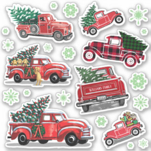 Adesivo Vintage Red Truck Árvore de Natal Flocos de neve 