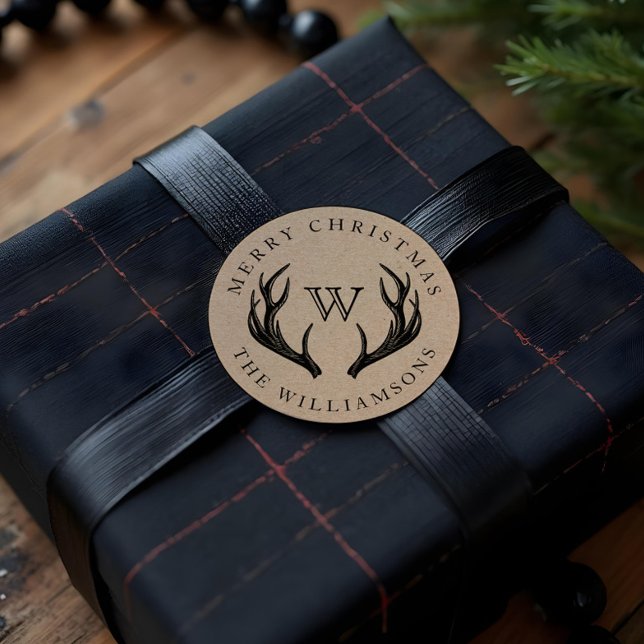 Adesivo Vintage Reindeer Antlers Família Monograma Natal (Vintage Reindeer Antlers Family Monogram Christmas Classic Round Sticker)